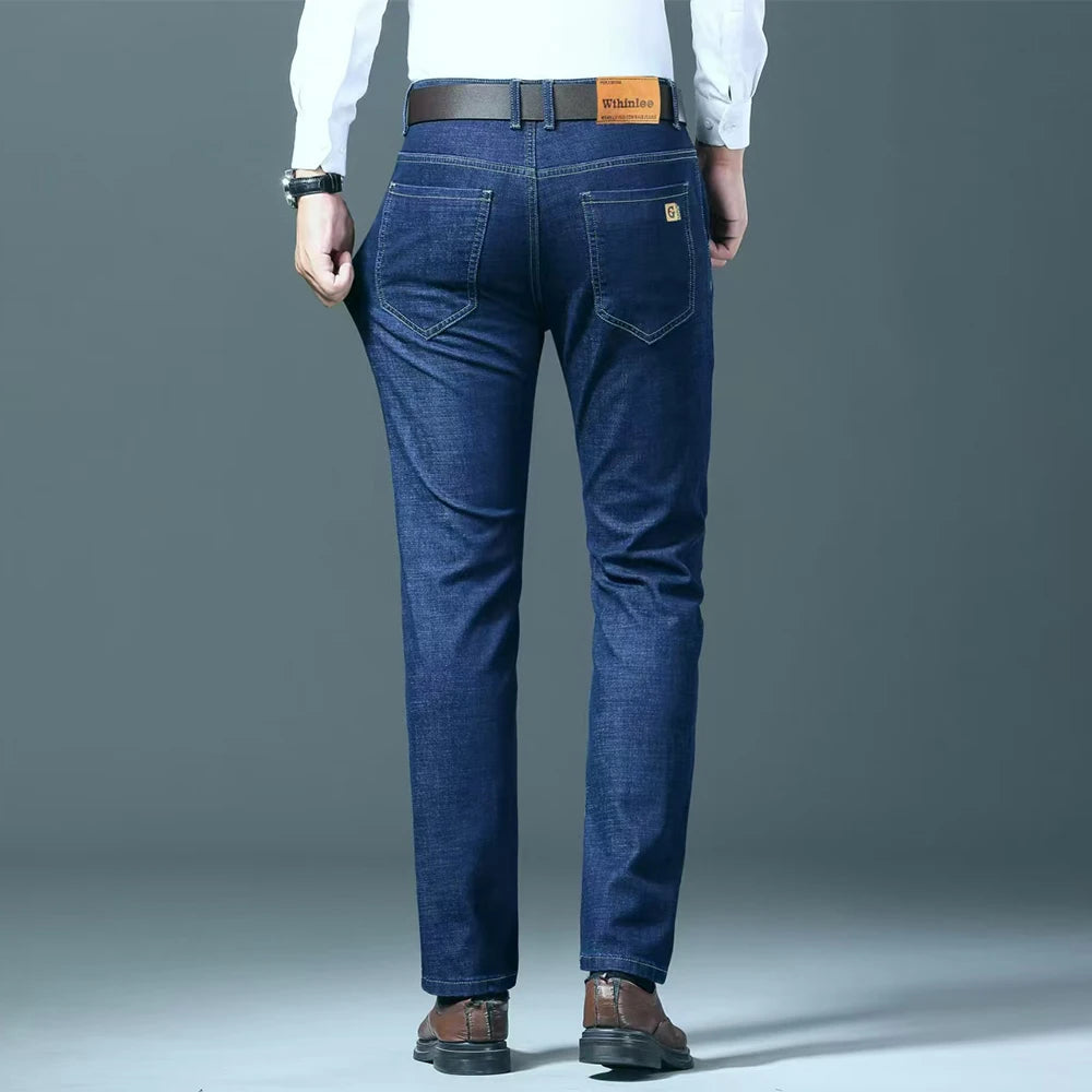 Wthinlee Autumn Classic Men's Fitted Stretch Jeans Business Casual Cotton Denim Straight Leg Pants Male Black Blue Trousers
