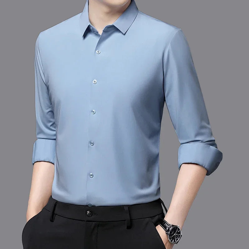 Seamless Anti-wrinkle Business Silky High Elastic Spandex Men's Long-sleeved Shirt Formal Social Non-iron Solid Color Casual