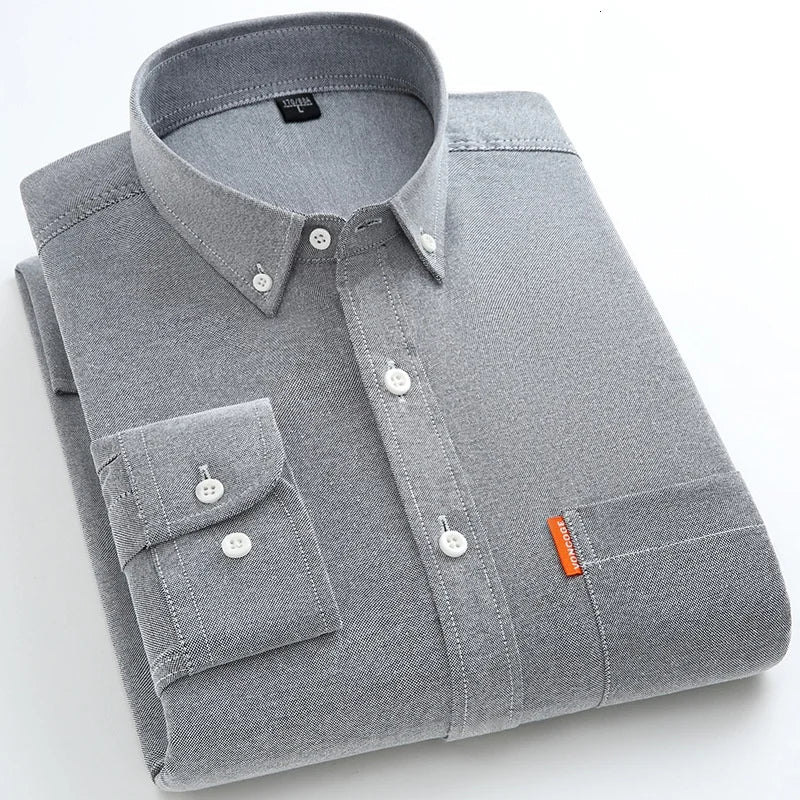 Men's Fashion Long Sleeve Solid Oxford Shirt Single Patch Pocket Simple Design Casual Standard-fit Button-down CollarWhite shirt