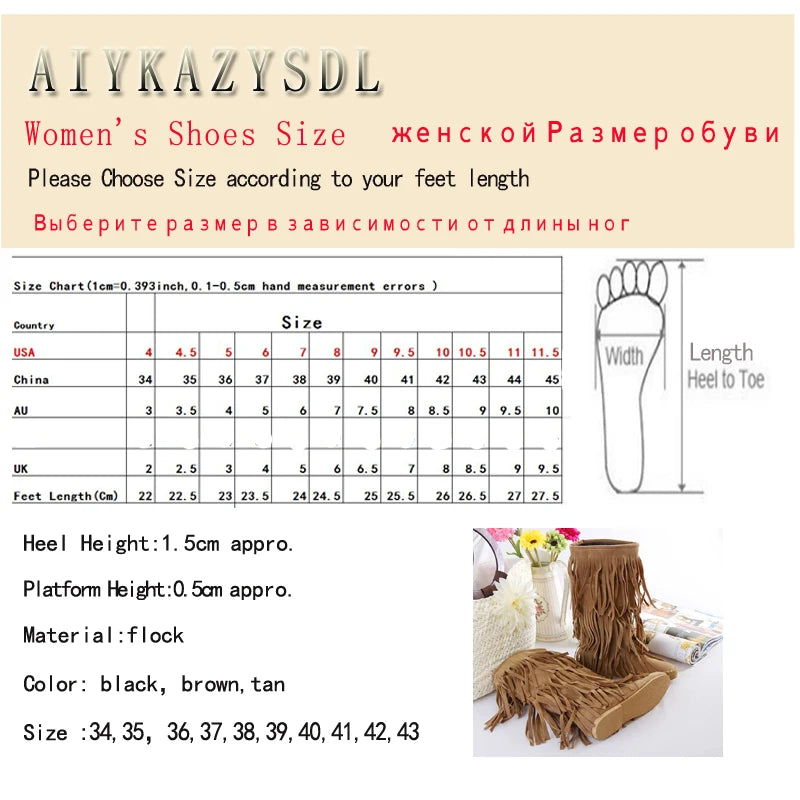 AIYKAZYSDL Faux Suede Fringe Tassel Moccassin Mid-calf Knight Boots Casual Flat Heel Shoes Bohemia Dress Booties Cowboy Shoes