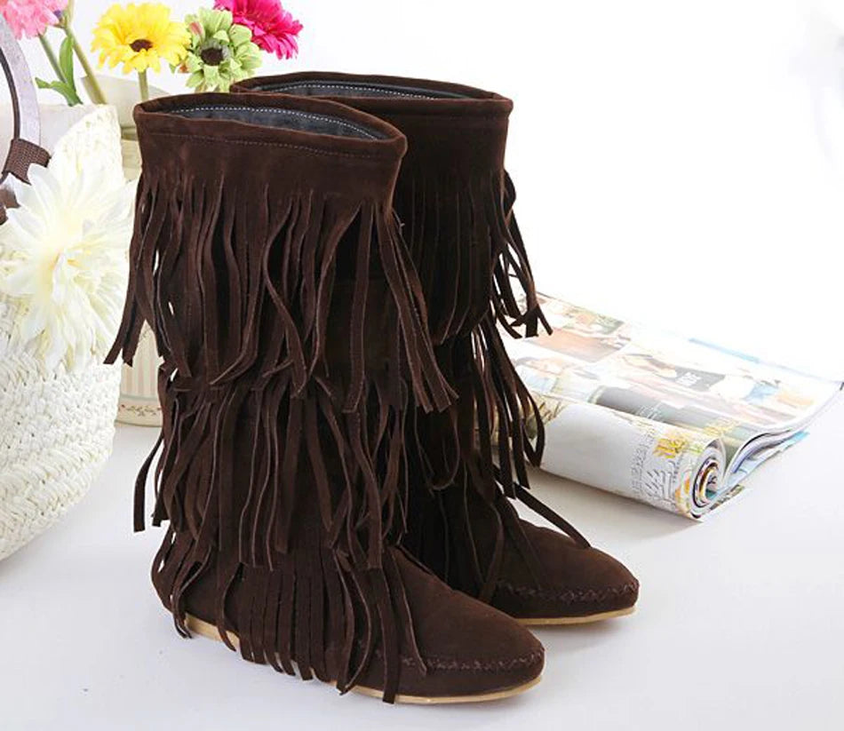 AIYKAZYSDL Faux Suede Fringe Tassel Moccassin Mid-calf Knight Boots Casual Flat Heel Shoes Bohemia Dress Booties Cowboy Shoes