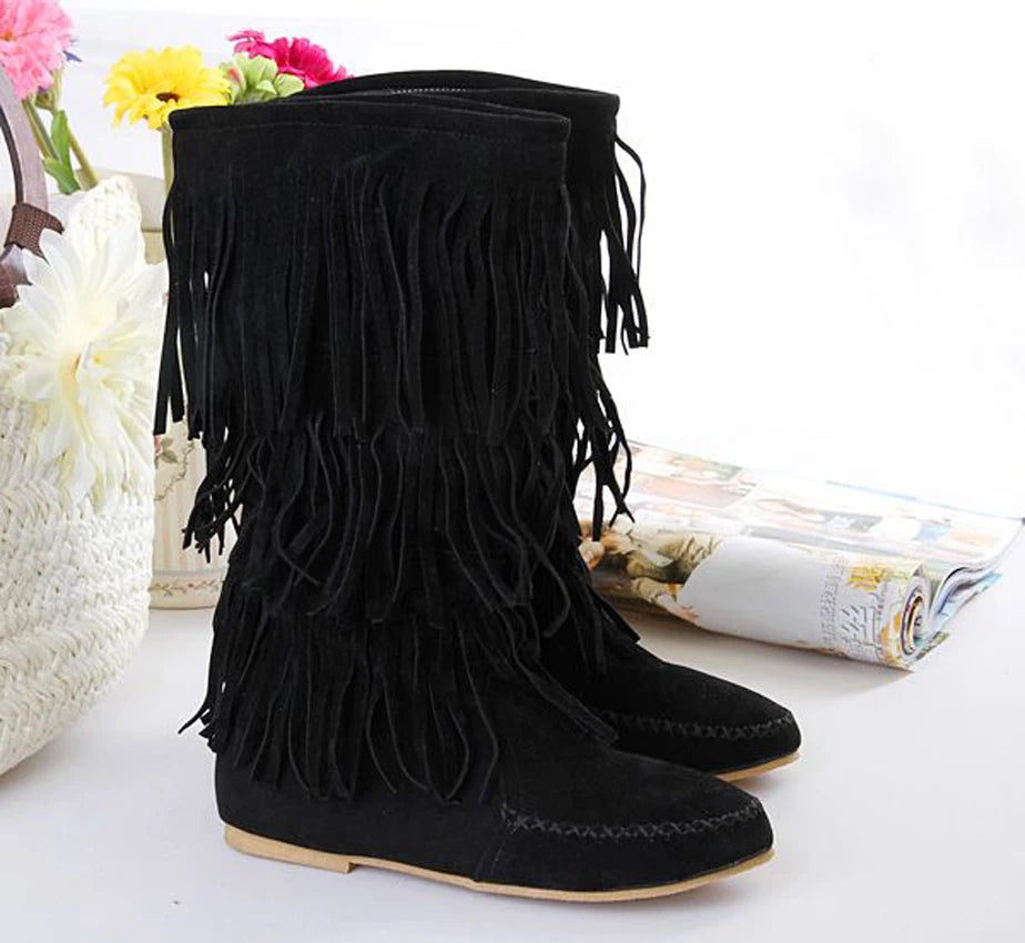 AIYKAZYSDL Faux Suede Fringe Tassel Moccassin Mid-calf Knight Boots Casual Flat Heel Shoes Bohemia Dress Booties Cowboy Shoes