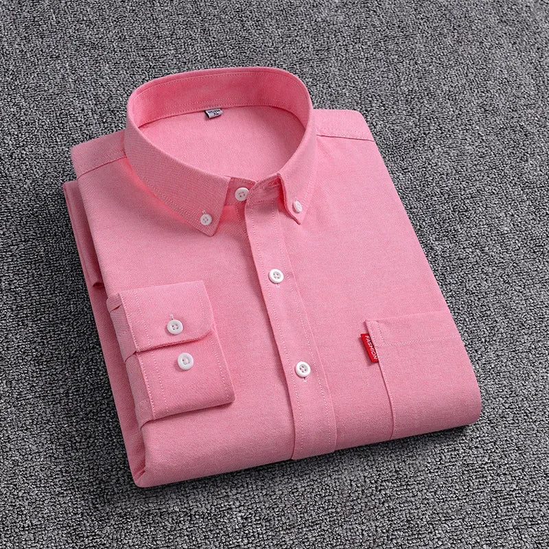 Men's Fashion Long Sleeve Solid Oxford Shirt Single Patch Pocket Simple Design Casual Standard-fit Button-down CollarWhite shirt