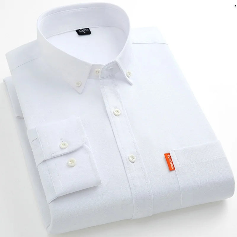 Men's Fashion Long Sleeve Solid Oxford Shirt Single Patch Pocket Simple Design Casual Standard-fit Button-down CollarWhite shirt