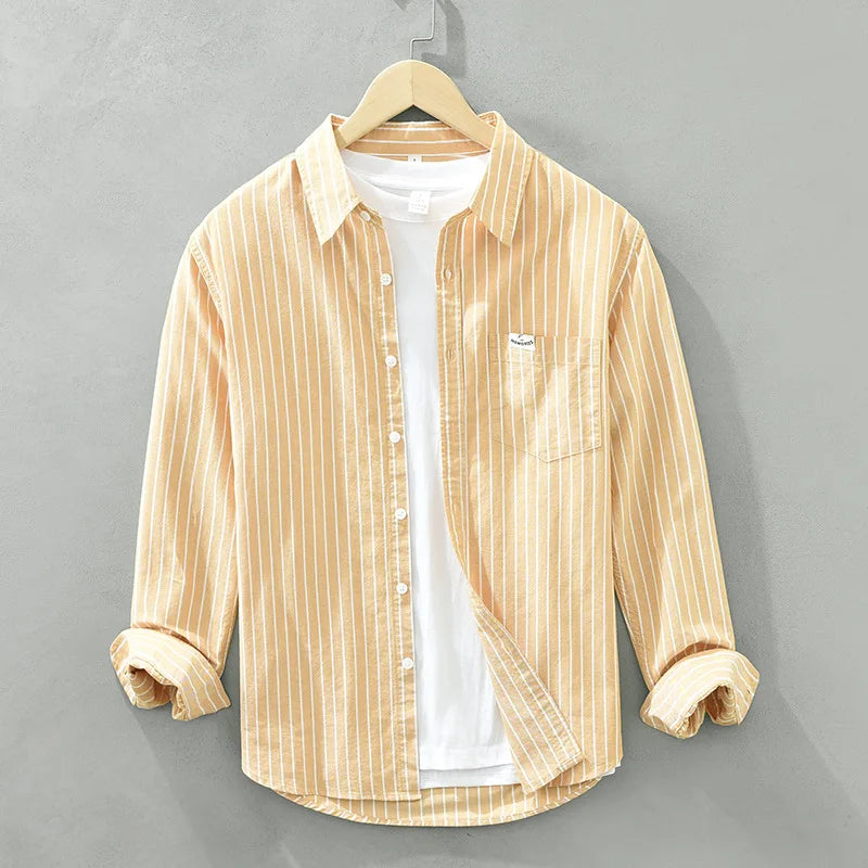 Cotton Striped Versatile Casual Long Sleeve Shirt, Men's Thin Youth Literary Loose Shirt, Fishing Camping 100% Cotton Thin Coat