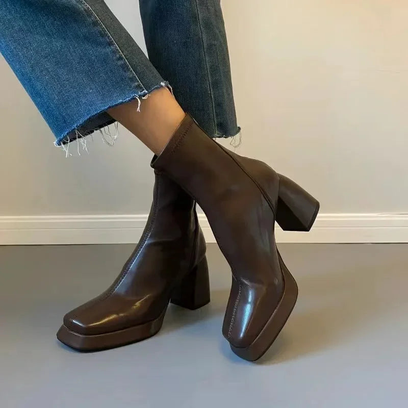 Vintage Square Toe Women Ankle Boots Fashion Back Zippers Short Booties Autumn Winter Laides Concise Largas Booties