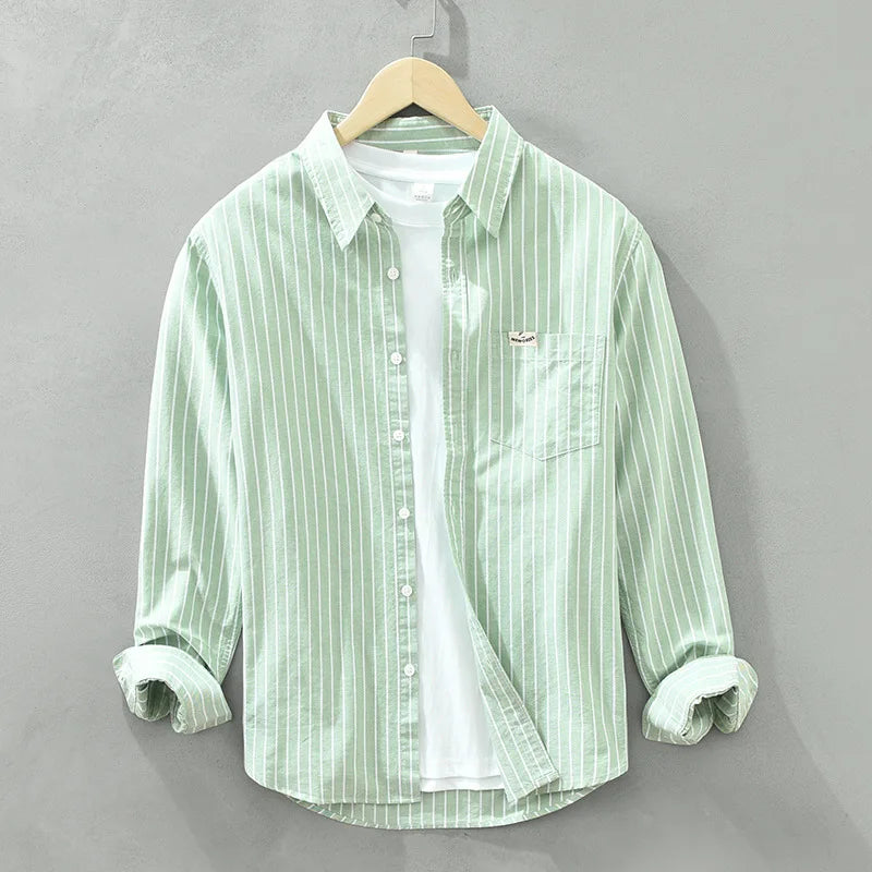 Cotton Striped Versatile Casual Long Sleeve Shirt, Men's Thin Youth Literary Loose Shirt, Fishing Camping 100% Cotton Thin Coat
