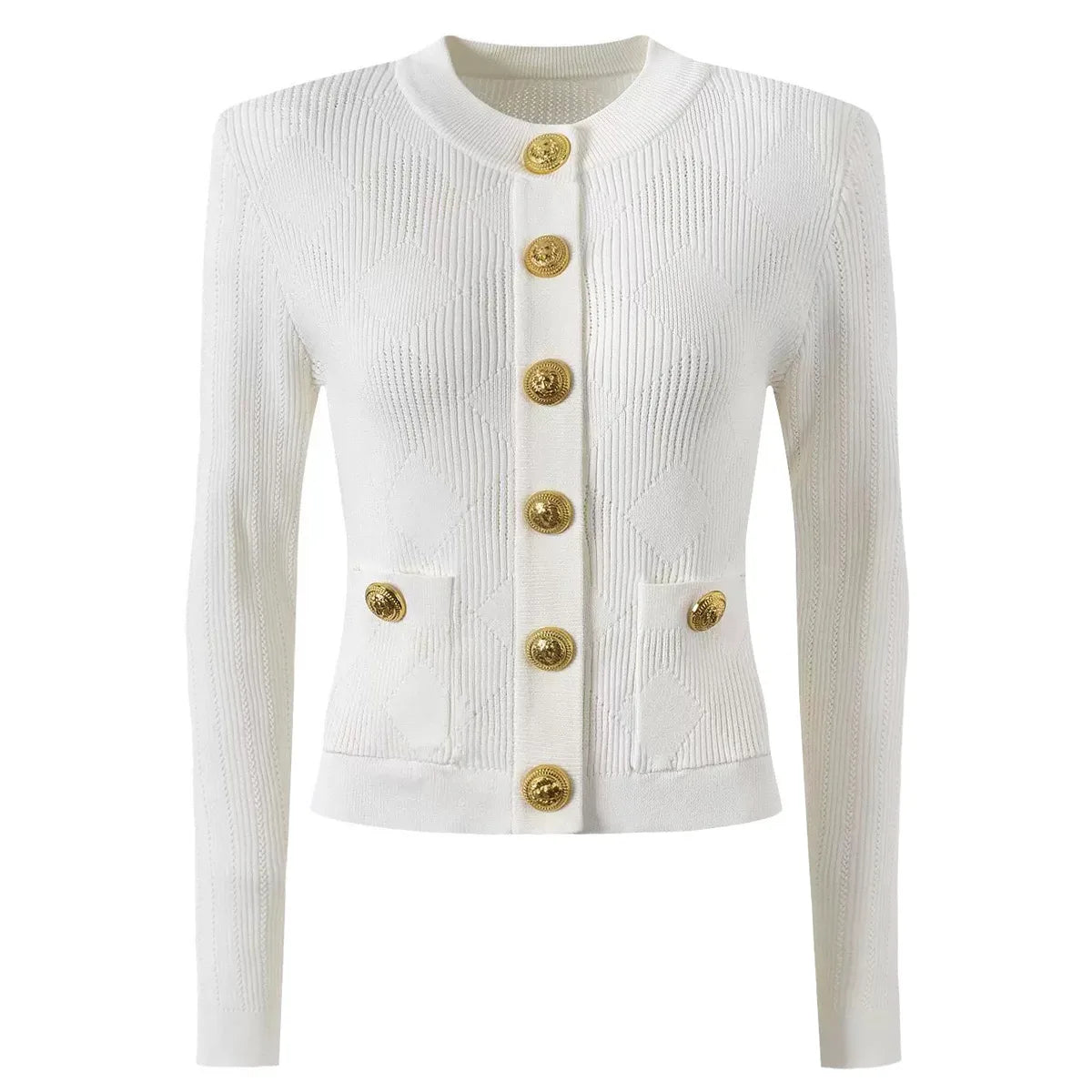 three-piece knit set with gold button detailing – ATHENAZI