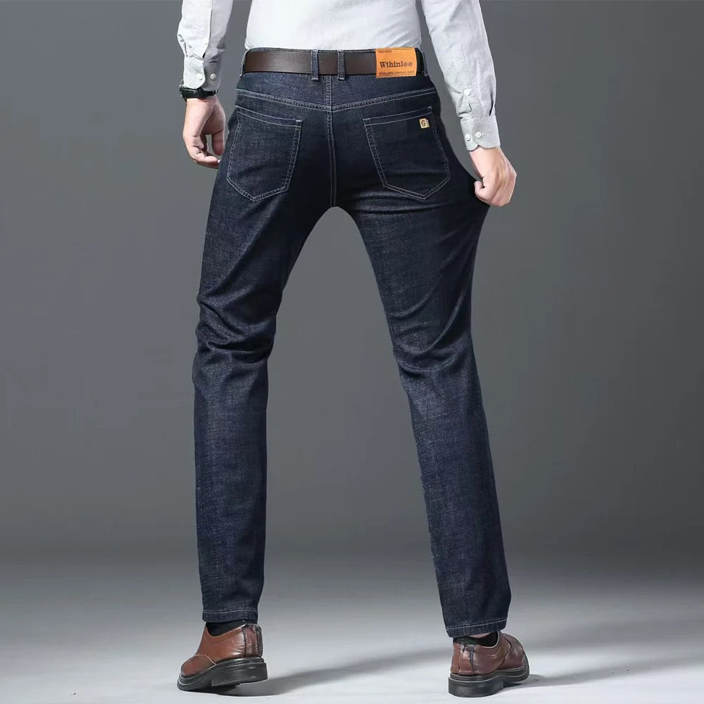Wthinlee Autumn Classic Men's Fitted Stretch Jeans Business Casual Cotton Denim Straight Leg Pants Male Black Blue Trousers