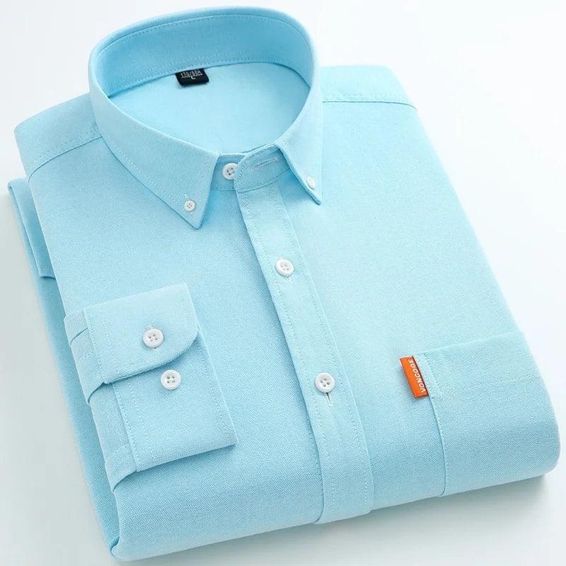 Men's Fashion Long Sleeve Solid Oxford Shirt Single Patch Pocket Simple Design Casual Standard-fit Button-down CollarWhite shirt