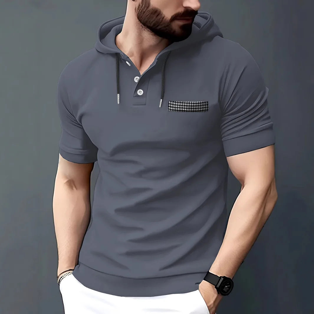 2025 Europe and the United States men's summer new casual sports short-sleeved hoodie plaid pocket solid color shirt