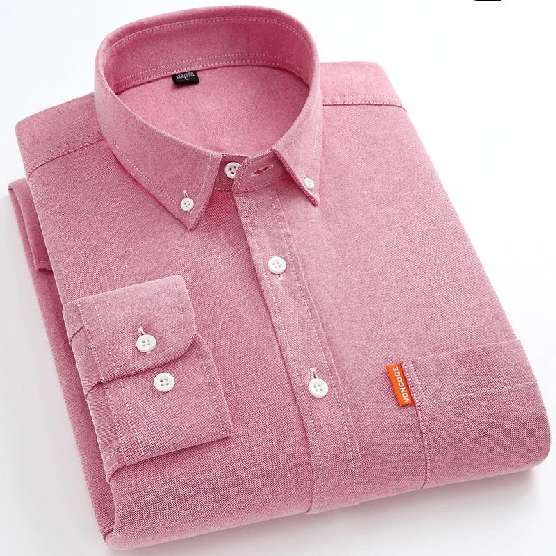 Men's Fashion Long Sleeve Solid Oxford Shirt Single Patch Pocket Simple Design Casual Standard-fit Button-down CollarWhite shirt