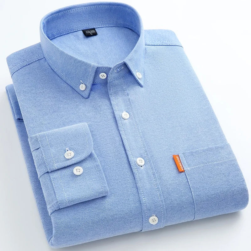 Men's Fashion Long Sleeve Solid Oxford Shirt Single Patch Pocket Simple Design Casual Standard-fit Button-down CollarWhite shirt