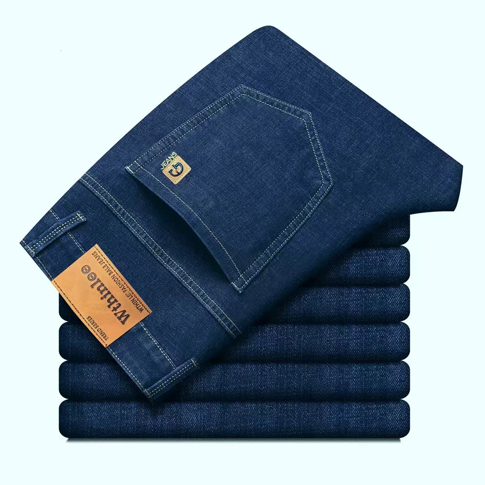 Wthinlee Autumn Classic Men's Fitted Stretch Jeans Business Casual Cotton Denim Straight Leg Pants Male Black Blue Trousers