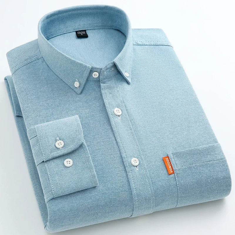 Men's Fashion Long Sleeve Solid Oxford Shirt Single Patch Pocket Simple Design Casual Standard-fit Button-down CollarWhite shirt