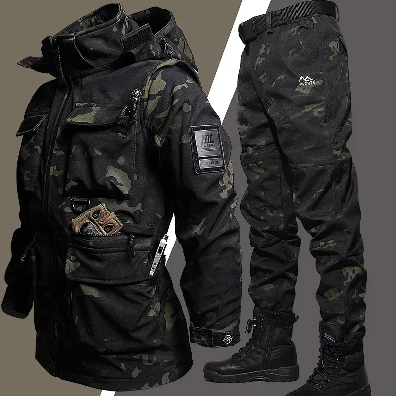 Tactical Winter Camo Sets Men Outdoor Training Warm Combat Suit Soft Shell Waterproof Hooded Jacket Hiking Fleece Pants 2-pcs