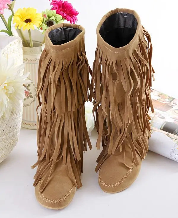 AIYKAZYSDL Faux Suede Fringe Tassel Moccassin Mid-calf Knight Boots Casual Flat Heel Shoes Bohemia Dress Booties Cowboy Shoes
