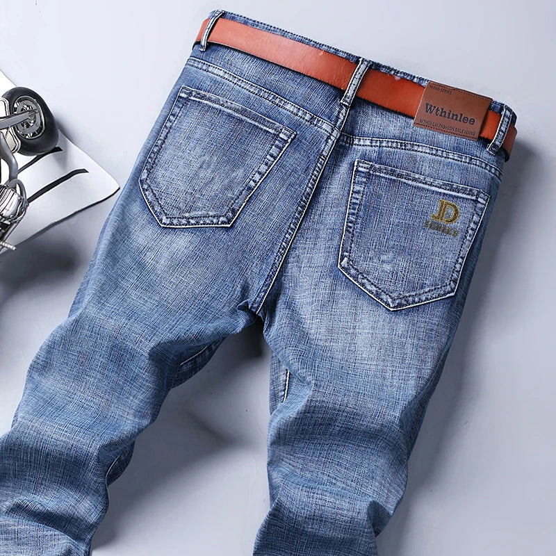Wthinlee Autumn Classic Men's Fitted Stretch Jeans Business Casual Cotton Denim Straight Leg Pants Male Black Blue Trousers