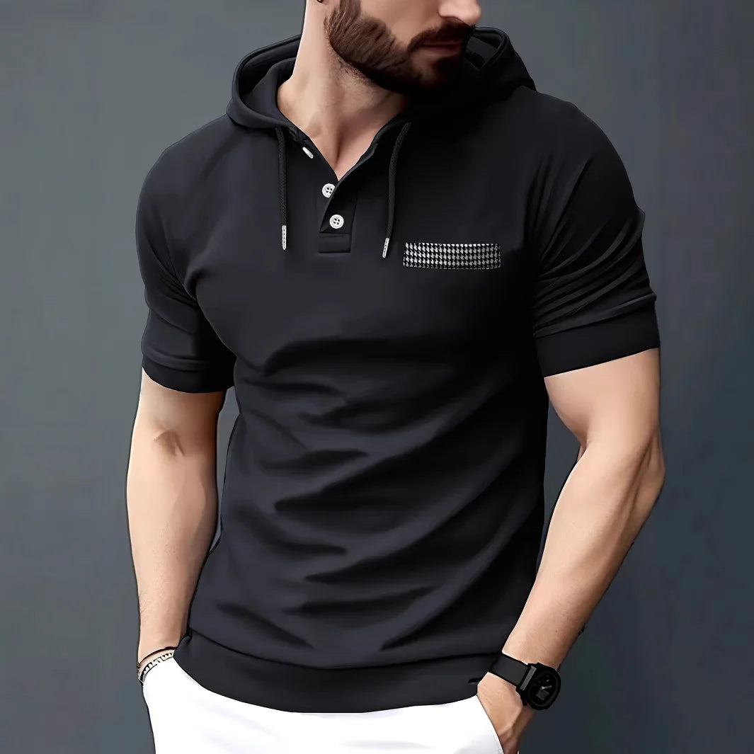 2025 Europe and the United States men's summer new casual sports short-sleeved hoodie plaid pocket solid color shirt