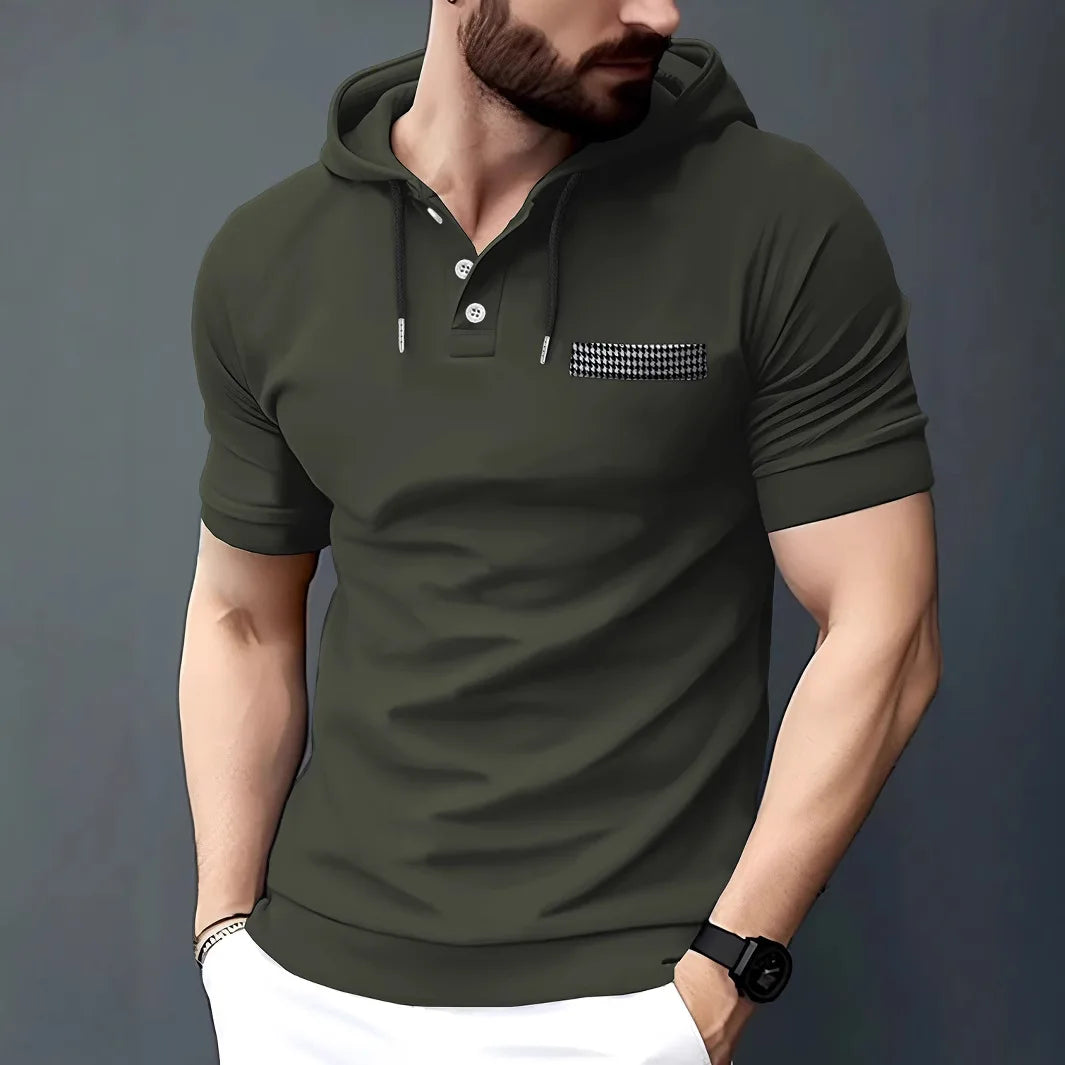 2025 Europe and the United States men's summer new casual sports short-sleeved hoodie plaid pocket solid color shirt