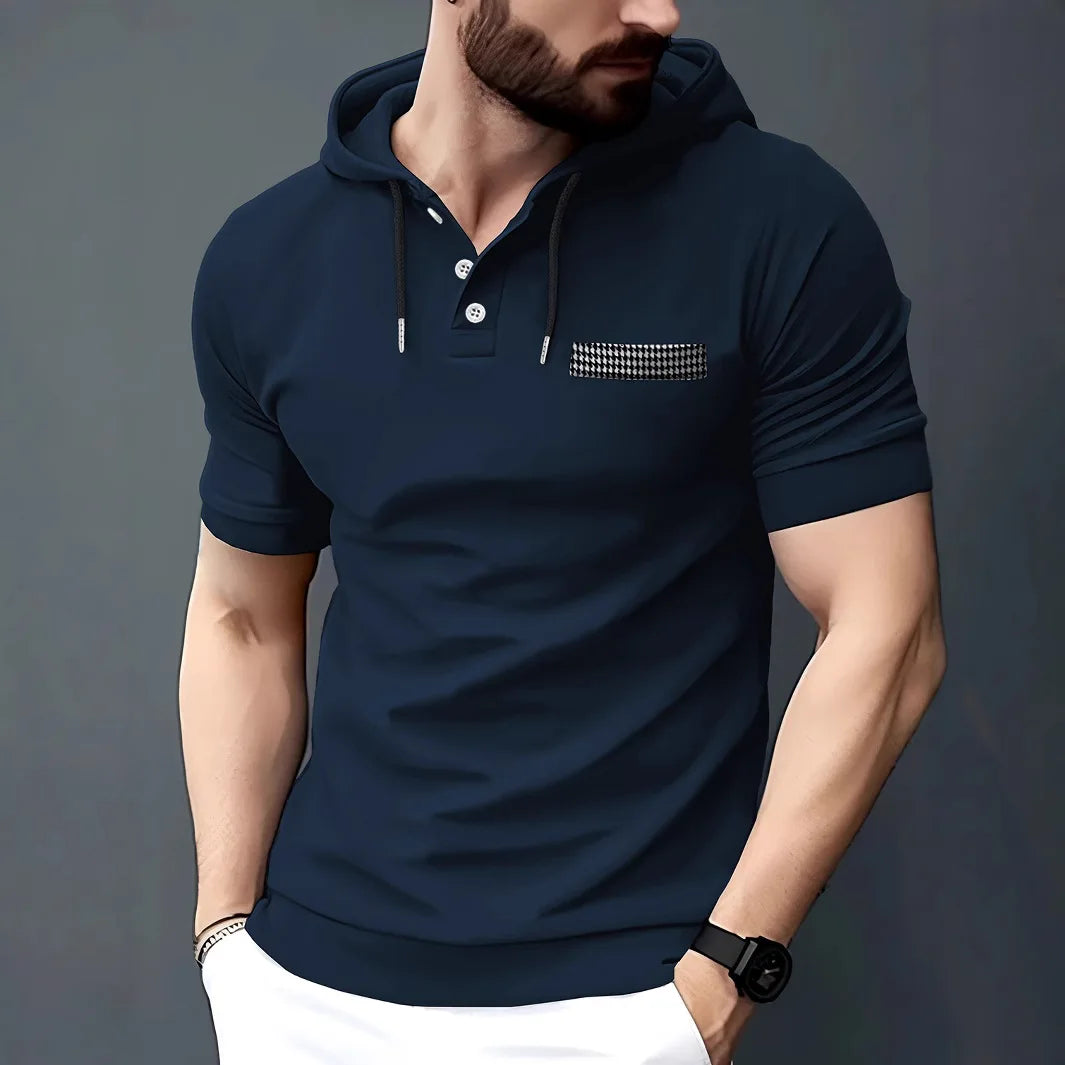 2025 Europe and the United States men's summer new casual sports short-sleeved hoodie plaid pocket solid color shirt