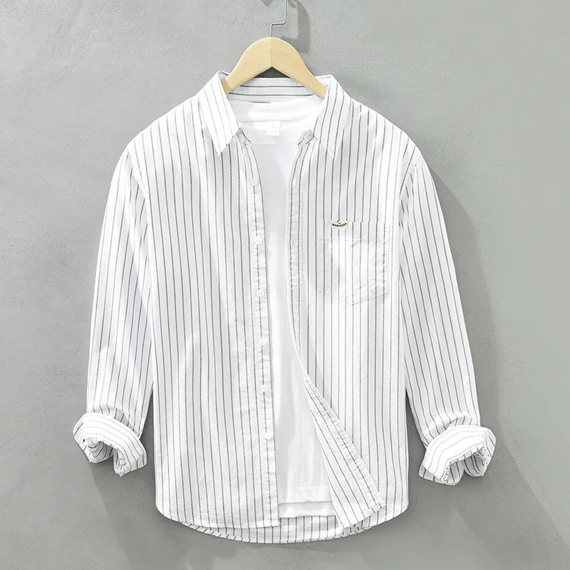 Cotton Striped Versatile Casual Long Sleeve Shirt, Men's Thin Youth Literary Loose Shirt, Fishing Camping 100% Cotton Thin Coat