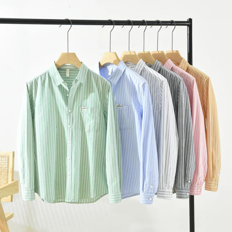 Cotton Striped Versatile Casual Long Sleeve Shirt, Men's Thin Youth Literary Loose Shirt, Fishing Camping 100% Cotton Thin Coat