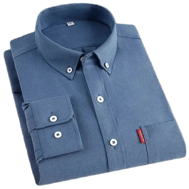 Men's Fashion Long Sleeve Solid Oxford Shirt Single Patch Pocket Simple Design Casual Standard-fit Button-down CollarWhite shirt
