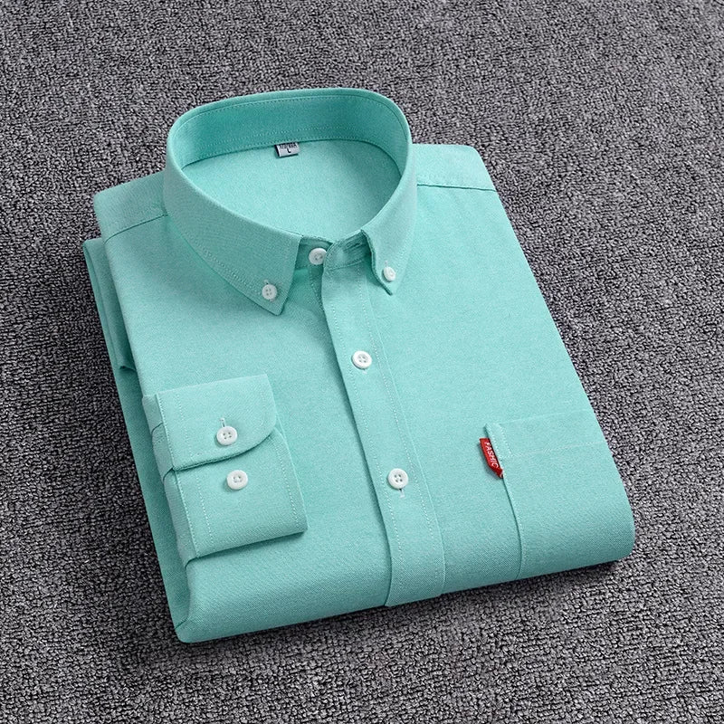 Men's Fashion Long Sleeve Solid Oxford Shirt Single Patch Pocket Simple Design Casual Standard-fit Button-down CollarWhite shirt