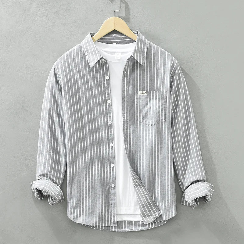 Cotton Striped Versatile Casual Long Sleeve Shirt, Men's Thin Youth Literary Loose Shirt, Fishing Camping 100% Cotton Thin Coat