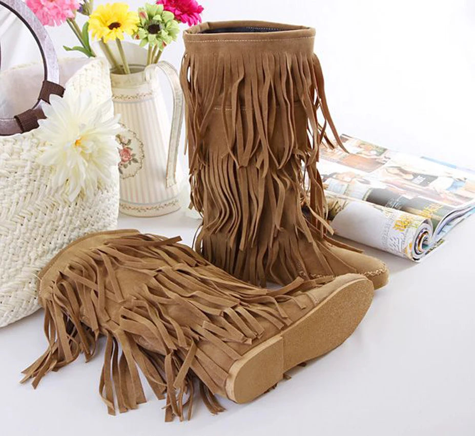 AIYKAZYSDL Faux Suede Fringe Tassel Moccassin Mid-calf Knight Boots Casual Flat Heel Shoes Bohemia Dress Booties Cowboy Shoes