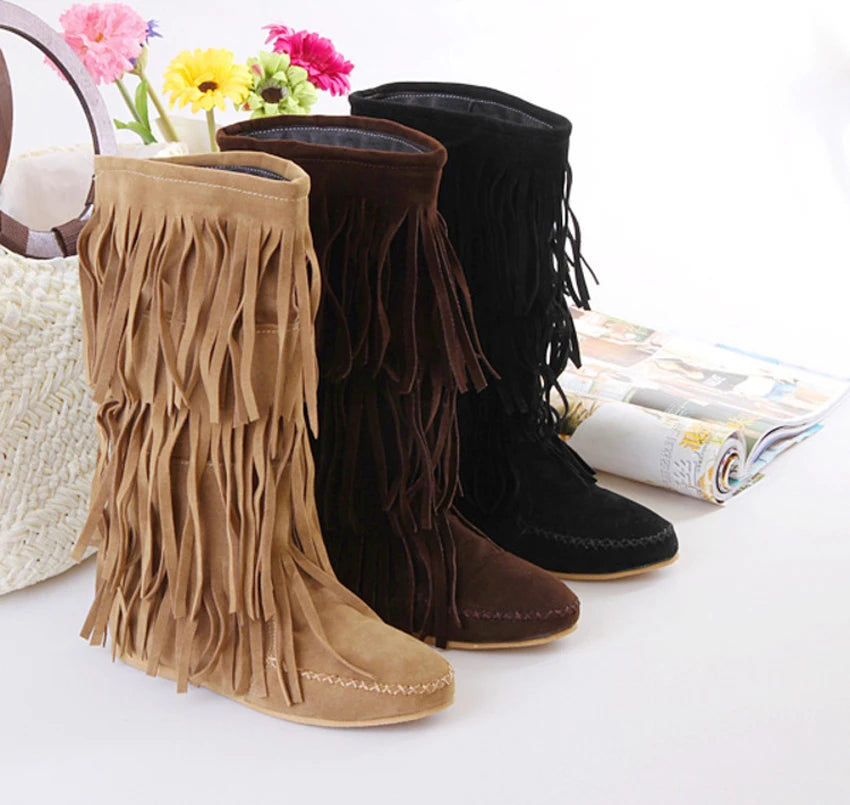 AIYKAZYSDL Faux Suede Fringe Tassel Moccassin Mid-calf Knight Boots Casual Flat Heel Shoes Bohemia Dress Booties Cowboy Shoes