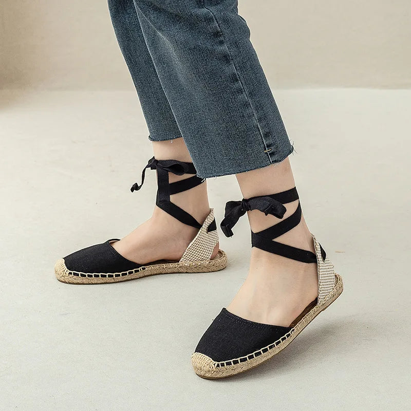 Flat Sandal Shoe Strappy Heels Large Size 2025 Women's All-Match Breathable Without Handmade Girls Big New Low Summer Elastic B