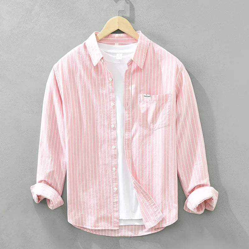 Cotton Striped Versatile Casual Long Sleeve Shirt, Men's Thin Youth Literary Loose Shirt, Fishing Camping 100% Cotton Thin Coat