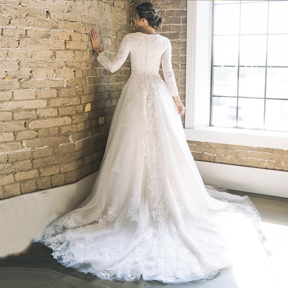 Customized Muslim Ivory A-line Wedding Dresses O-Neck Applique Lace Full Draped Pleat Tulle Brideing Dresses robe de mariée 2025