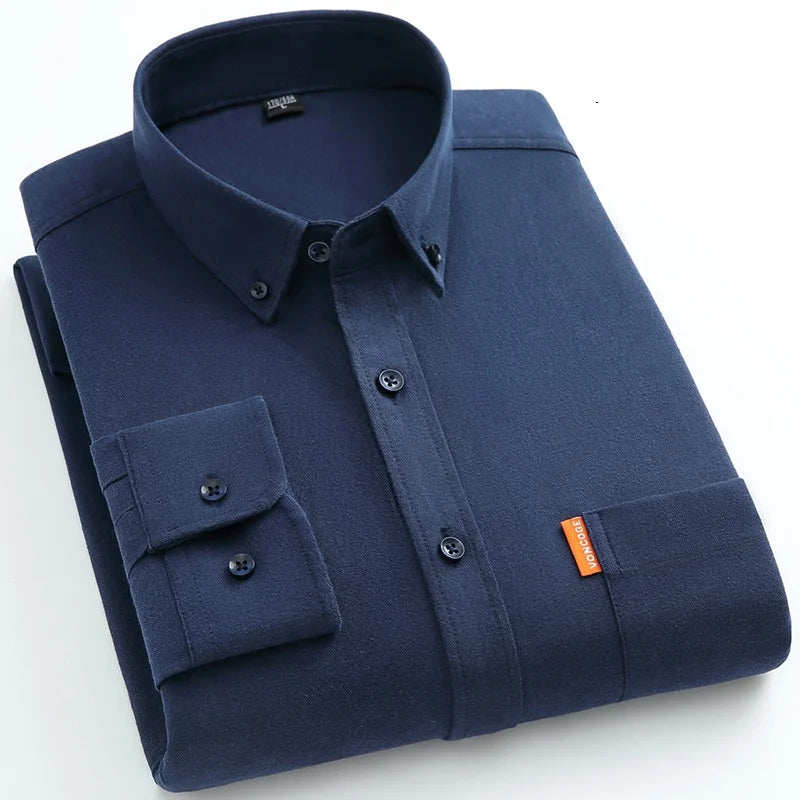 Men's Fashion Long Sleeve Solid Oxford Shirt Single Patch Pocket Simple Design Casual Standard-fit Button-down CollarWhite shirt