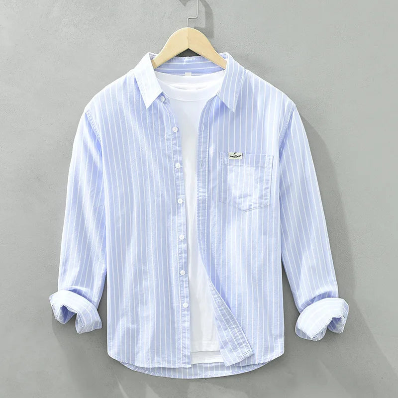 Cotton Striped Versatile Casual Long Sleeve Shirt, Men's Thin Youth Literary Loose Shirt, Fishing Camping 100% Cotton Thin Coat