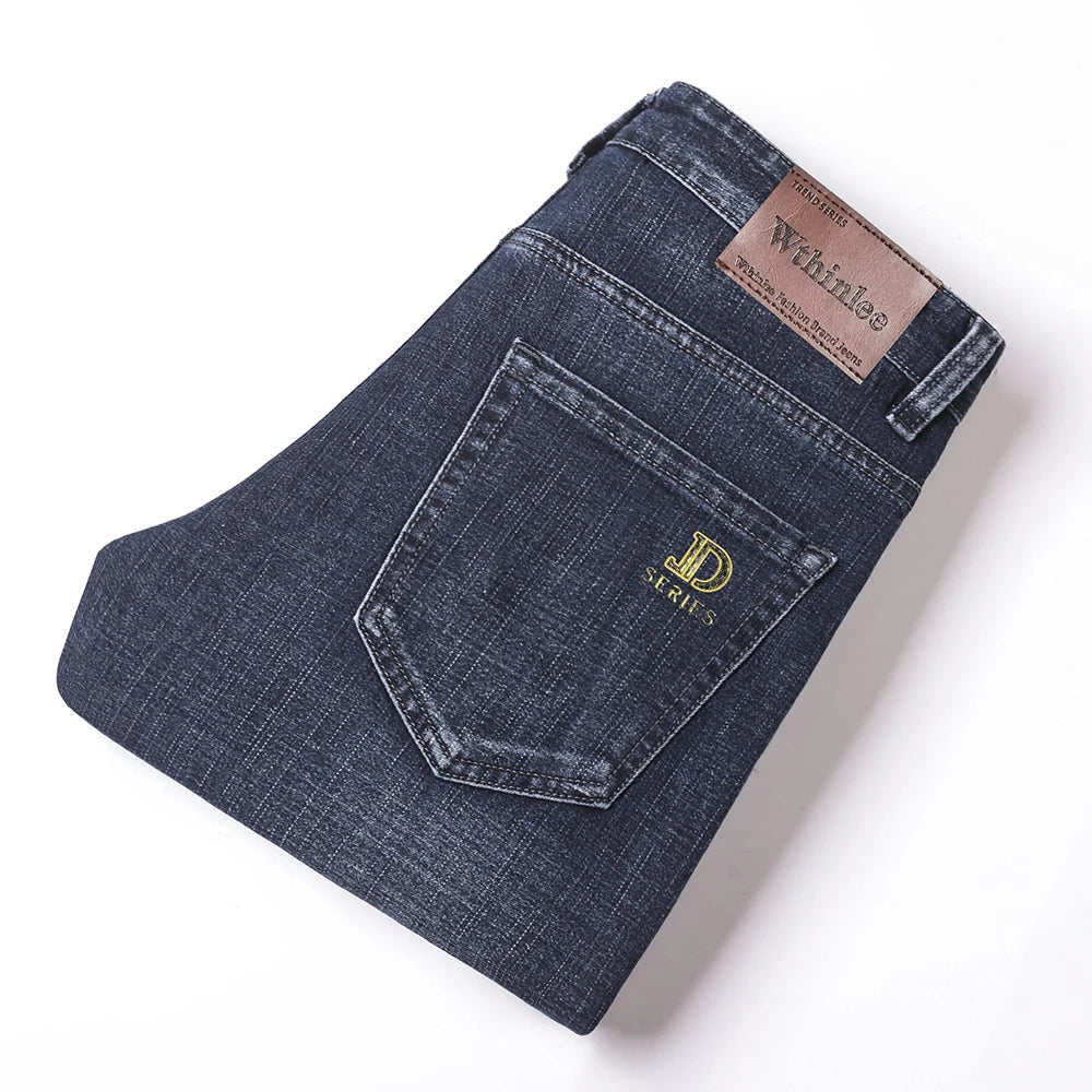 Wthinlee Autumn Classic Men's Fitted Stretch Jeans Business Casual Cotton Denim Straight Leg Pants Male Black Blue Trousers