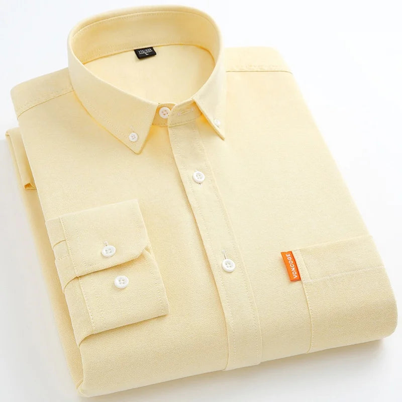 Men's Fashion Long Sleeve Solid Oxford Shirt Single Patch Pocket Simple Design Casual Standard-fit Button-down CollarWhite shirt