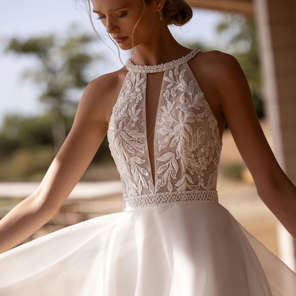Customized Classic O Neck Wedding Dresses Sleeveless Applique Lace Bridal Grown Cut Out Back Tea Length A Line Vestidos De Novia