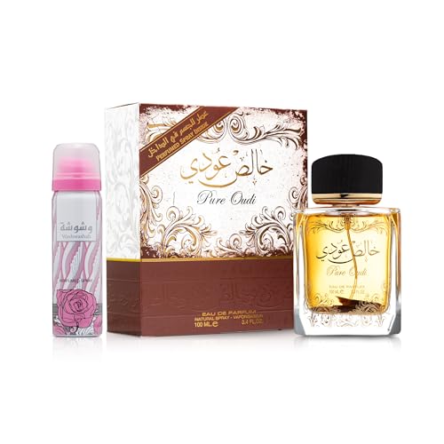 Lattafa Perfumes Pure Oudi (Khalis Oudi) 2 Piece Set for Unisex (3.4 Ounce Eau de Parfum Spray + 1.7 Ounce Perfumed Body Spray)