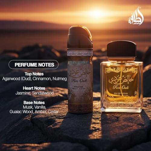 Lattafa Perfumes Pure Oudi (Khalis Oudi) 2 Piece Set for Unisex (3.4 Ounce Eau de Parfum Spray + 1.7 Ounce Perfumed Body Spray)