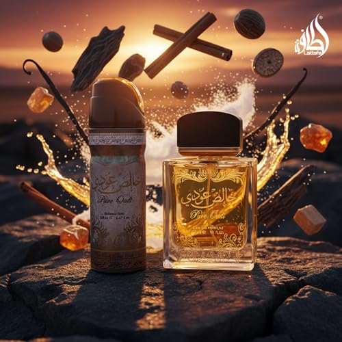 Lattafa Perfumes Pure Oudi (Khalis Oudi) 2 Piece Set for Unisex (3.4 Ounce Eau de Parfum Spray + 1.7 Ounce Perfumed Body Spray)