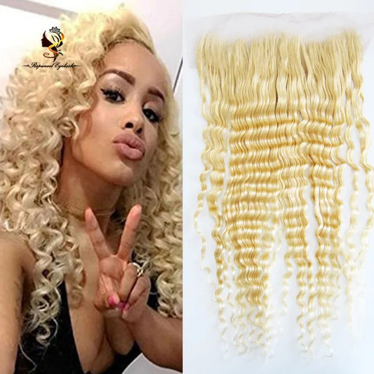 13x4 Frontal Closure Transparent 613 Lace Blonde Double Drawn Human Hair Ear to Ear Free Part Deep Wave