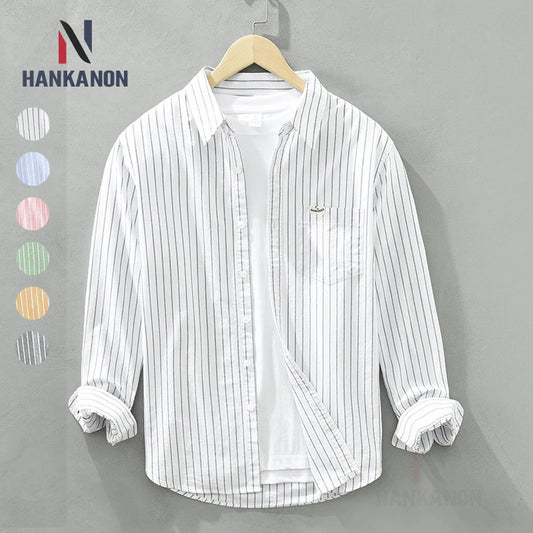 Cotton Striped Versatile Casual Long Sleeve Shirt, Men's Thin Youth Literary Loose Shirt, Fishing Camping 100% Cotton Thin Coat