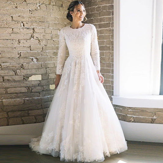 Customized Muslim Ivory A-line Wedding Dresses O-Neck Applique Lace Full Draped Pleat Tulle Brideing Dresses robe de mariée 2025