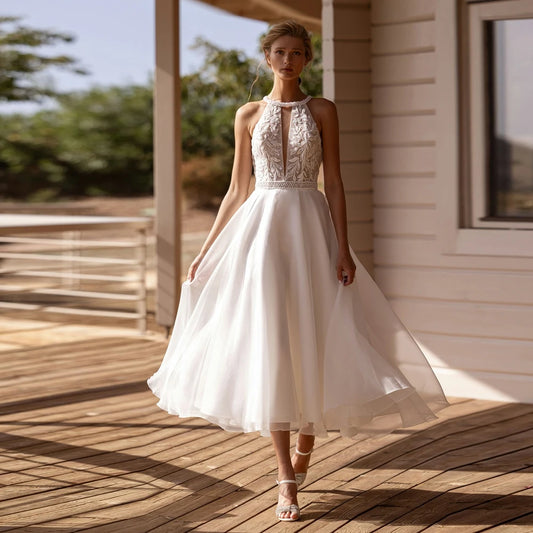 Customized Classic O Neck Wedding Dresses Sleeveless Applique Lace Bridal Grown Cut Out Back Tea Length A Line Vestidos De Novia