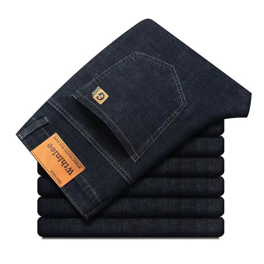 Wthinlee Autumn Classic Men's Fitted Stretch Jeans Business Casual Cotton Denim Straight Leg Pants Male Black Blue Trousers