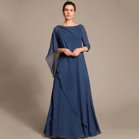 Fashion Blue Mother of the Bride Dresses Chiffon Wedding Party Gowns Zipper Back 3/4 Sleeve New 2025 Vestido De Customized