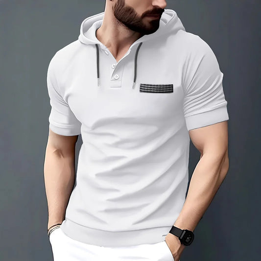 2025 Europe and the United States men's summer new casual sports short-sleeved hoodie plaid pocket solid color shirt